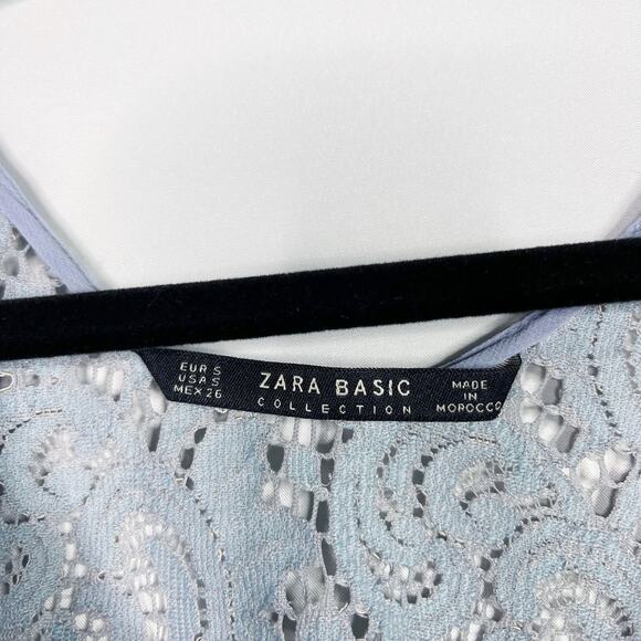 Zara Cropped Lace Short Sleeve Sheer Blouse Top Blue Small Scoop Neck Scoop Back - Picture 9 of 9